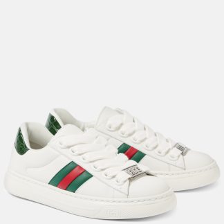 Billigdesigner Gucci Ace Web Stripe Leder Turnschuhe weiß