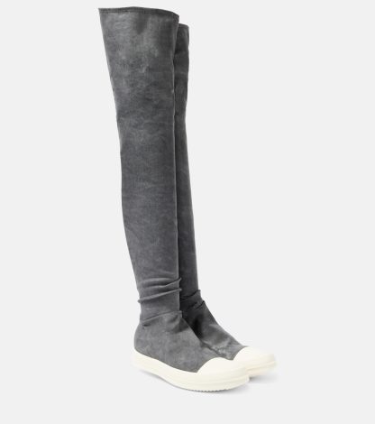 Billigdesigner Rick Owens DRKSHDW High Sock Denim Over-the-Knee Stiefel grau