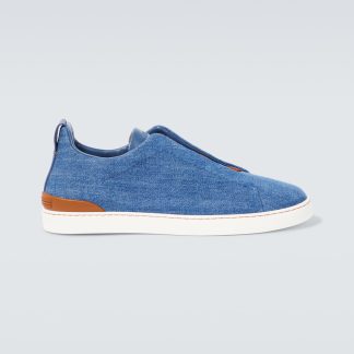 Billigdesigner Zegna Dreifach genähte Denim-Sneakers blau