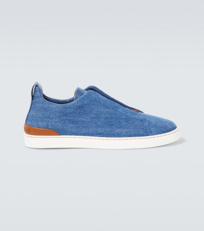 Billigdesigner Zegna Dreifach genähte Denim-Sneakers blau