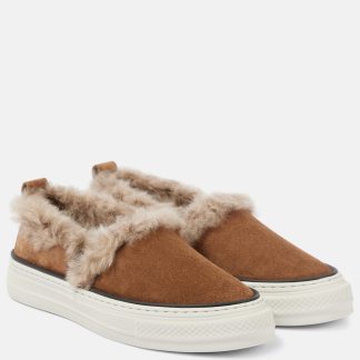 Designer kaufen Brunello Cucinelli Mit Shearling gefütterte Wildleder-Slipper braun