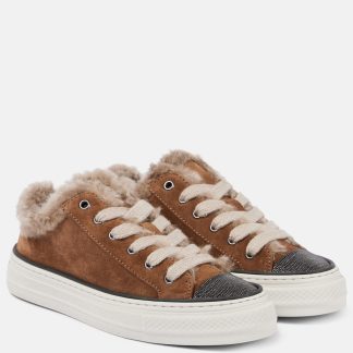 Hochwertiger Luxus Brunello Cucinelli Verschönerte Sneakers aus Wildleder und Shearling braun