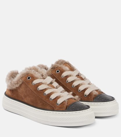 Hochwertiger Luxus Brunello Cucinelli Verschönerte Sneakers aus Wildleder und Shearling braun