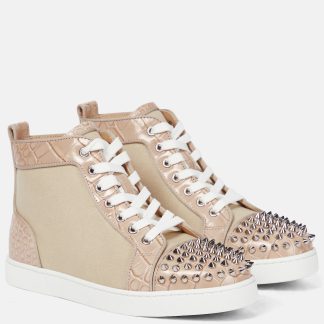 Mode-Luxus Christian Louboutin Lou Spikes Leinwand Turnschuhe beige