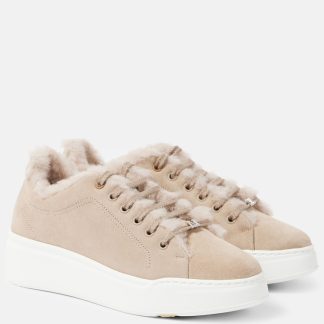 Mode-Luxus Max Mara Mit Teddy gefütterte Wildleder-Sneakers beige