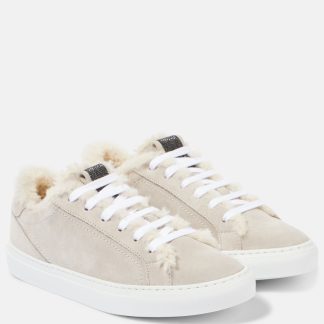 billiger Luxus Brunello Cucinelli Mit Shearling gefütterte Wildleder-Sneakers Grau