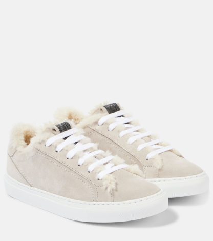 billiger Luxus Brunello Cucinelli Mit Shearling gefütterte Wildleder-Sneakers Grau