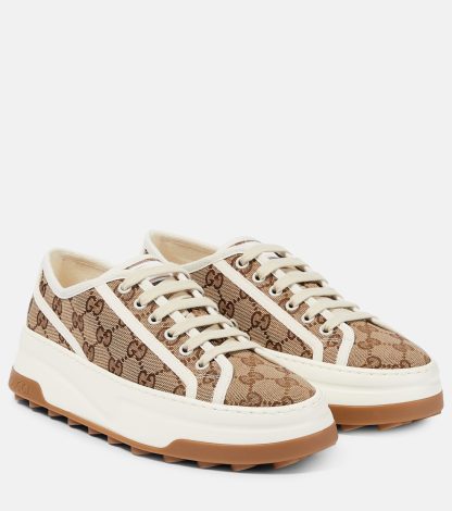 billiger Luxus Gucci GG bedruckte Plateau-Sneakers Beige