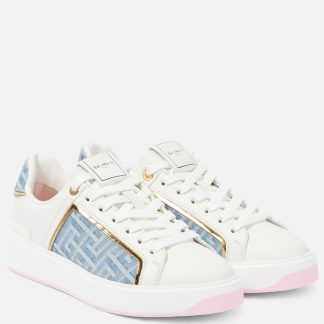 falscher Luxus Balmain B-Court Sneakers aus Leder mit Jeansbesatz Weiß