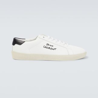 falscher Luxus Saint Laurent Logo bestickte Leder-Sneakers weiß