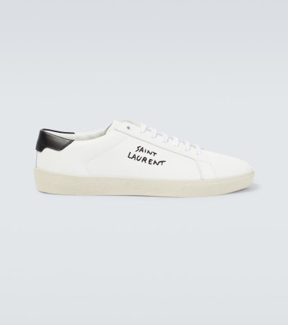 falscher Luxus Saint Laurent Logo bestickte Leder-Sneakers weiß