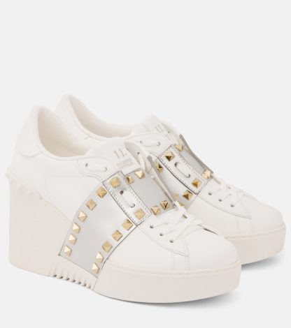 falscher Luxus Valentino Garavani Offene Disco Leder-Keilsneaker weiß