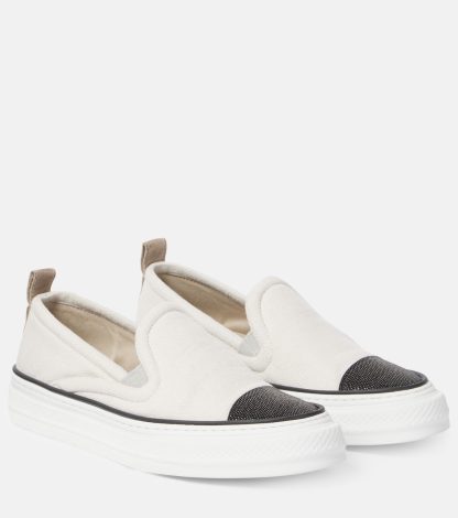 gefälschter Designer Brunello Cucinelli Monili-verzierte Slip-on-Sneakers Weiß