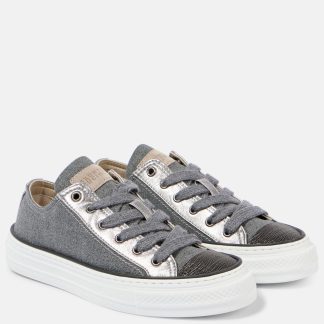 heißer Verkauf Designer Brunello Cucinelli Perlenbesetzte Canvas-Sneakers Grau mit Lederbesatz