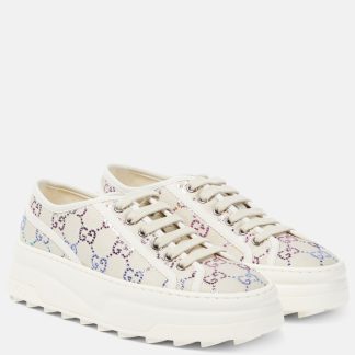 heißer Verkauf Designer Gucci GG verschönerte Lamé Plateau-Sneakers beige