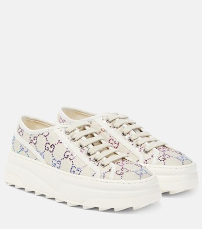 heißer Verkauf Designer Gucci GG verschönerte Lamé Plateau-Sneakers beige